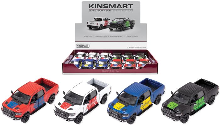 KINSMART – 2019 RAM 1500 (Livery Edition) – Modellino cm12 c/porte apribili – c/pull-back and go In espo da 12pz (39x28cm) 4ass…x12…x48